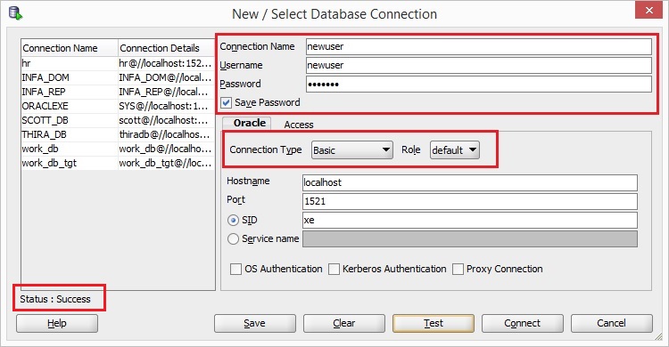 oracle sql developer new database connection